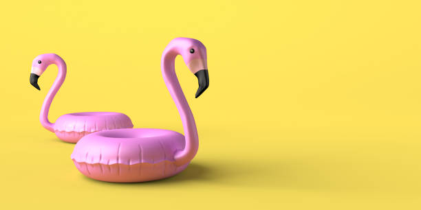 concetto estivo con galleggianti gonfiabili fenicotteri su sfondo giallo. copia spazio. illustrazione 3d. - plastic flamingo foto e immagini stock