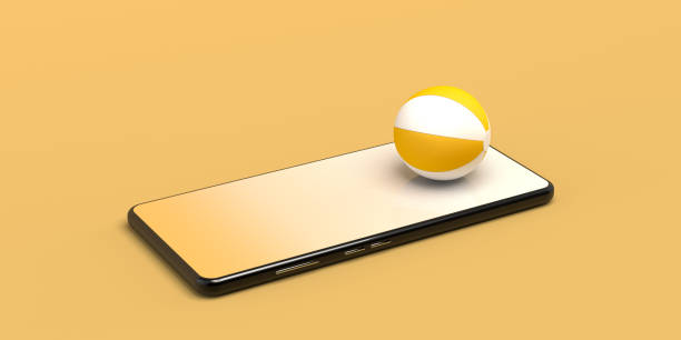 istock Online smartphone summer vacation booking concept with beach ball. Copy space. 3D illustration. 1392308418