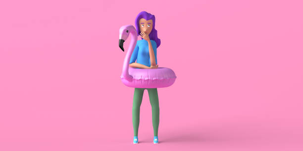 istock Young woman thinking with flamingo float. Summer concept. Copy space. 3D illustration. 1392308425