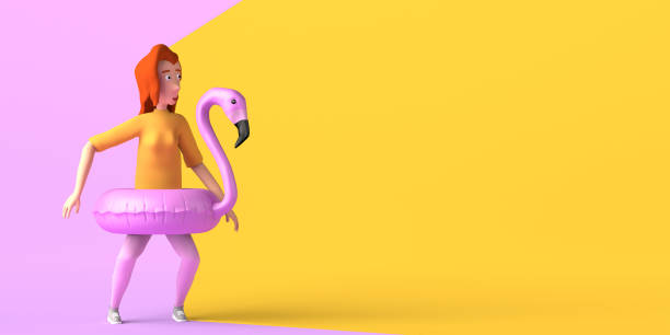 istock Young woman with flamingo float next to copy space. Summer concept. 3D illustration. 1392308426