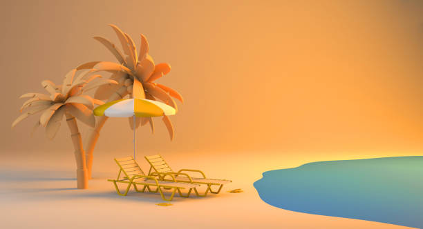 istock Summer vacation concept with beach loungers on the shore and palm trees. Copy space. 3D illustration. 1392308565