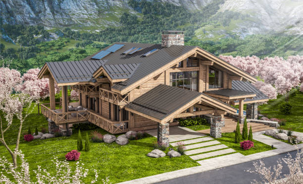istock 3d rendering of modern cozy chalet in spring day 1392309286