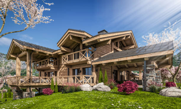 istock 3d rendering of modern cozy chalet in spring day 1392309295