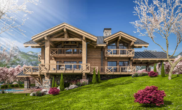 istock 3d rendering of modern cozy chalet in spring day 1392309464