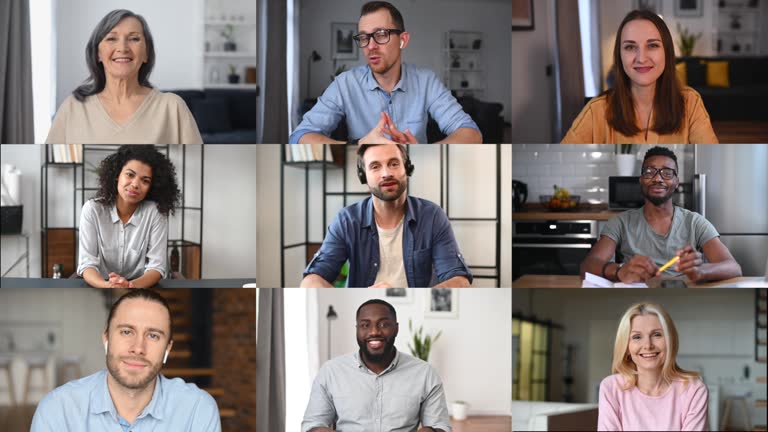 Video chat of diverse coworkers, employees