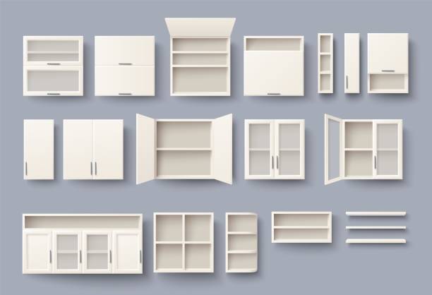 Kitchen cabinets set vector furniture for interior Kitchen cabinets set mockup. Vector furniture for design interior. Cabinetry, cupboard, bookshelf and shelves mounted on wall. Isolated home workspace equipment kitchen stock illustrations