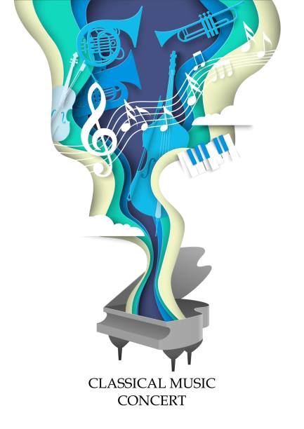 Classical music concert paper cut vector poster Classical music concert paper cut vector poster. Piano art design with different musical instrument and melody notes. Orchestra festival, acoustic or opera performance abstract musical instrument stock illustrations