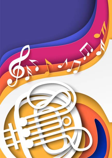 Music abstract background in paper cut style Music abstract vector background. Classic musical instrument with melody notes design in paper cut style. Classical musical performance or orchestra concert theme music education stock illustrations