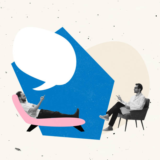 istock Contemporary art collage.Man having session with psychologist, talking about life problems 1392311069