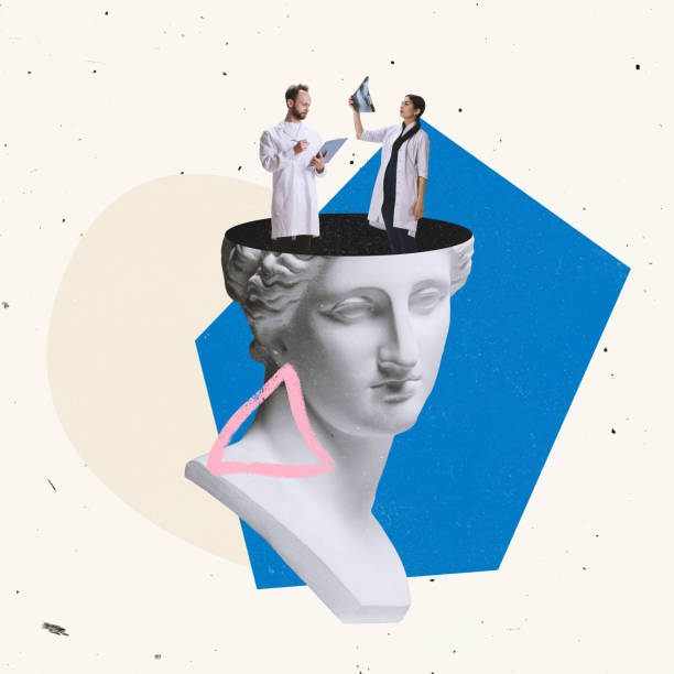 istock Contemporary art collage. Doctors standing inside antique statue head and looking at scans 1392311079