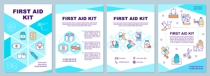 First aid kit blue brochure template. Medical supplies. Leaflet design with linear icons. 4 vector layouts for presentation, annual reports. Arial-Black, Myriad Pro-Regular fonts used