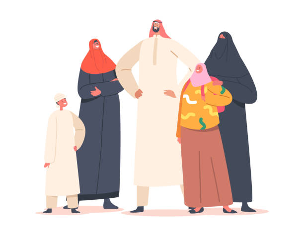 Traditional Arab Family, Parents and Children Characters. Saudi People Wear National Clothes Thawb or Kandura and Hijab Traditional Arab Family, Parents and Children Characters. Saudi People Wear National Clothes Thawb or Kandura and Hijab or Abaya. Muslim Culture, Arabian Personages. Cartoon Vector Illustration oman cartoon stock illustrations