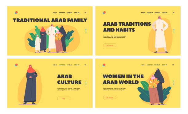 Traditional Arab Family Landing Page Template Set. Parents and Children Characters. Saudi People Wear National Clothes Traditional Arab Family Landing Page Template Set. Parents and Children Characters. Saudi People Wear National Clothes Thawb or Hijab. Muslim Culture, Arabian Personages. Cartoon Vector Illustration oman cartoon stock illustrations