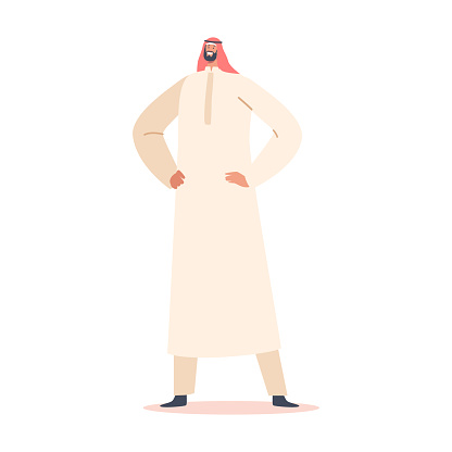 Saudi Male Character Wearing Thawb or Kandura Dress Isolated on White Background. Arab Man in Traditional Clothes