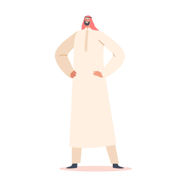 Saudi Male Character Wearing Thawb or Kandura Dress Isolated on White Background. Arab Man in Traditional Clothes Saudi Male Character Wearing Thawb or Kandura Dress Isolated on White Background. Arab Man in Traditional Clothes. Muslim Culture and Arabian Fashion Concept. Cartoon People Vector Illustration oman cartoon stock illustrations