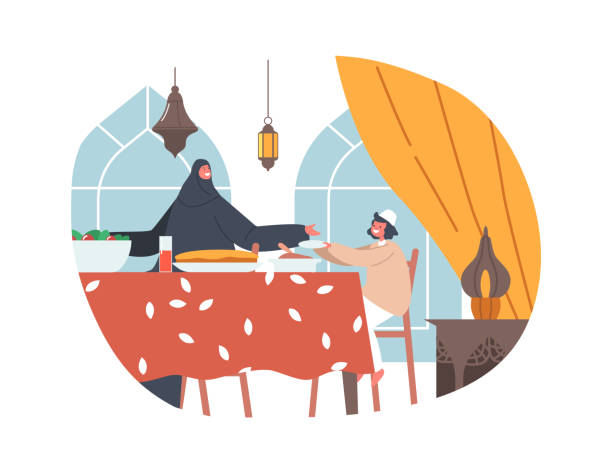 illustrazioni stock, clip art, cartoni animati e icone di tendenza di celebrazione delle festività musulmane, cena tradizionale ifthar. personaggi della famiglia araba madre con figlio mangia iftar seduto a tavola - saudi arabia child ramadan offspring