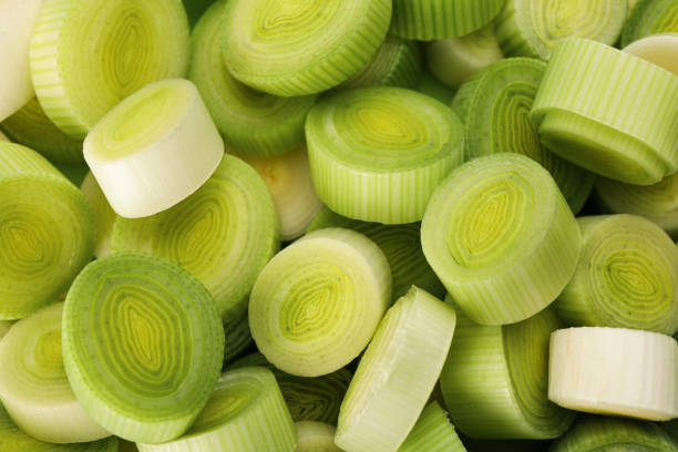 istock Fresh raw leek slices as background, above view 1392316803