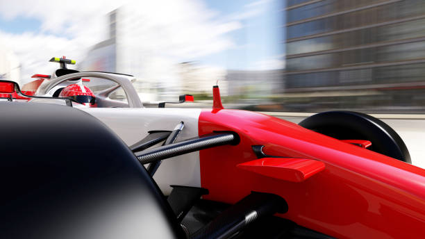 front view of fast moving generic red race car on a race track, motion blur,  3D, car of my own design.