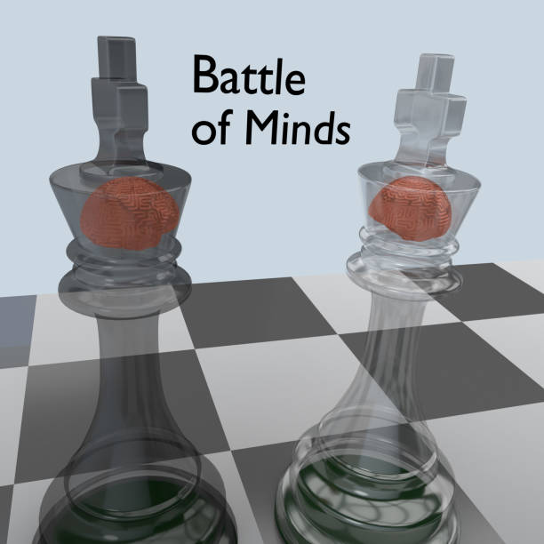 3d illustration of translucent chess kings on a chessboard containing symbolical human brains, titled as Battle of Minds.