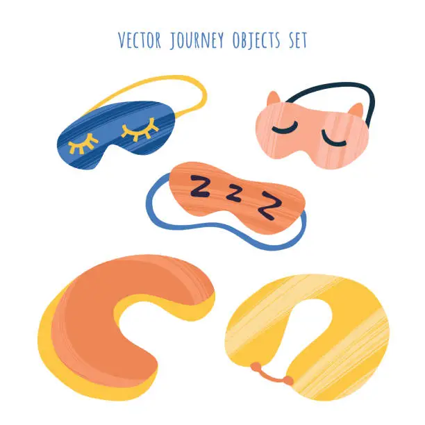 Vector illustration of Journey pillow and sleeping mask in trendy flat style with dry brush texture.