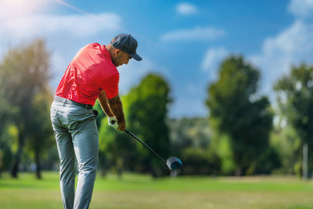 istock Pro golfer in a golf swing, using a driver golf club, rear view 1392320809