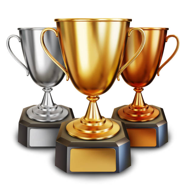 Set of Golden, Silver and Bronze trophy cup or champion cup with empty plates for your text. First, second and third place in the competition. Realistic 3D vector illustration on white background Set of Golden, Silver and Bronze trophy cup or champion cup with empty plates for your text. First, second and third place in the competition. Realistic 3D vector illustration on white background silver medal stock illustrations