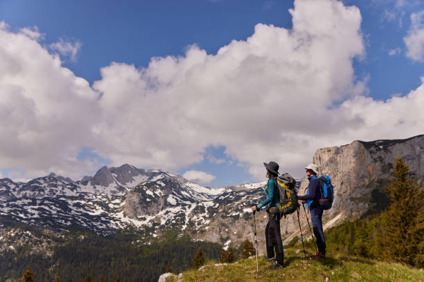 istock Hikers with backpacks relaxing and enjoying the view 1392322068