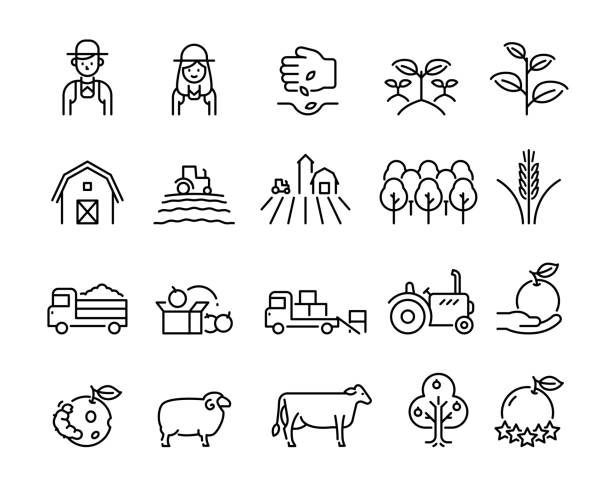 농업에 대한 아이콘 설정, 벡터 - agriculture farm people plow stock illustrations
