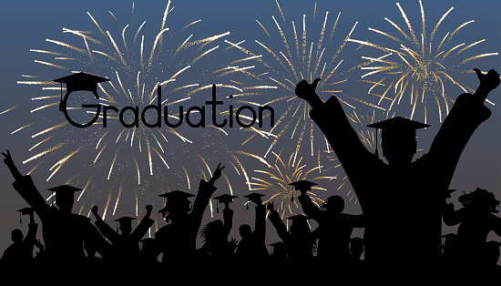 Silhouette of happy graduates in graduation caps on background of fireworks. Vector illustration