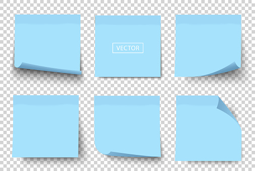 Blue vector 3d post-it, post note set. Square blue stickers collection. Curled paper sheet corner. Stationery.  Blank sticky label collection isolated on transparent background. Web banners for text.