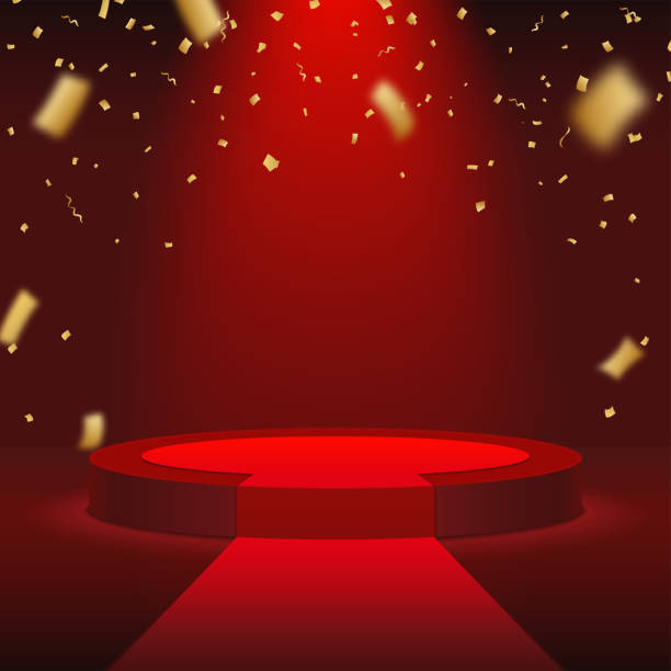 Round 3d podium with red carpet and gold confetti. vector art illustration