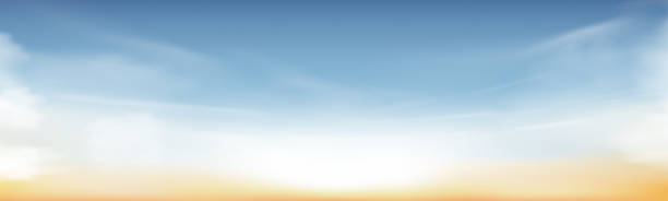 утреннее небо, горизонт весна небо пейзаж в синем и желтом цвете, вектор неба природы в солнечный день лето, горизонт природные баннер фон д� - sky stock illustrations