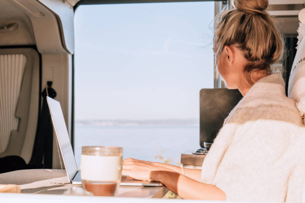istock Woman working online from her Campervan 1392326560