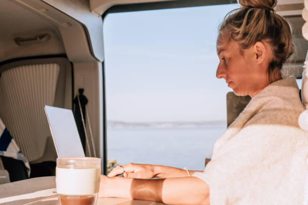 istock Woman working online from her Campervan 1392326564