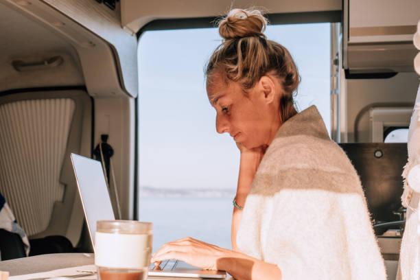 istock Woman working online from her Campervan 1392326565
