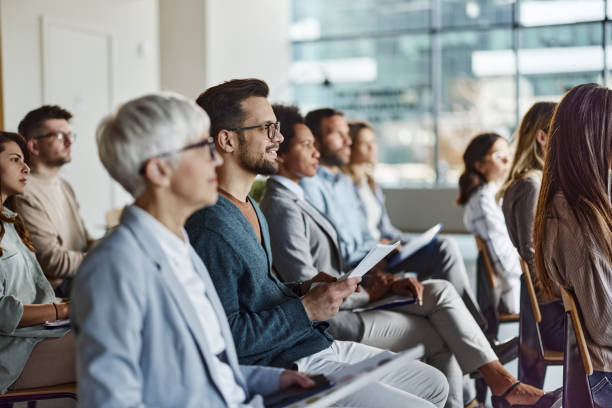 business seminar in a board room! - business conference imagens e fotografias de stock