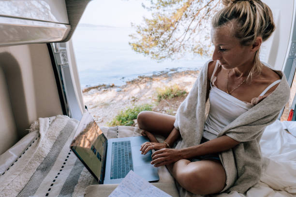 istock Woman working online from her Campervan 1392326757