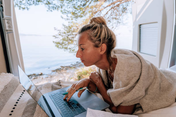istock Woman working online from her Campervan 1392326779
