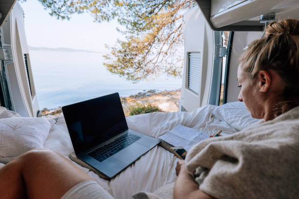 istock Woman working online from her Campervan 1392326837