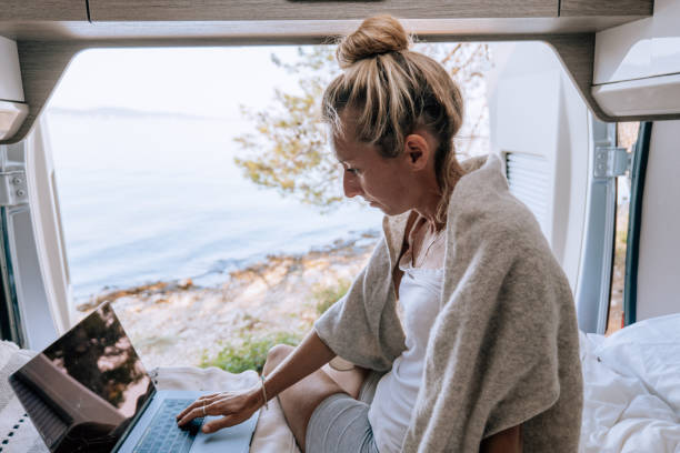 istock Woman working online from her Campervan 1392326863