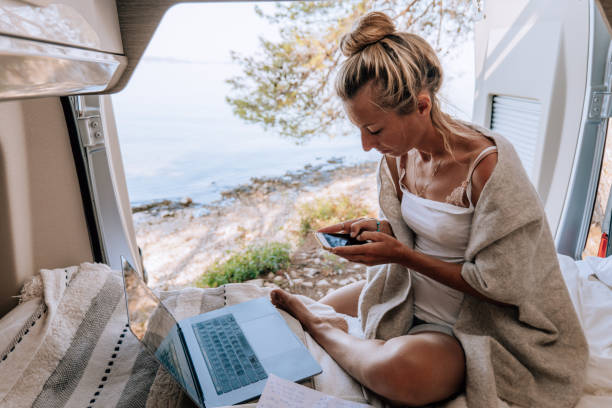 istock Woman working online from her Campervan 1392326864
