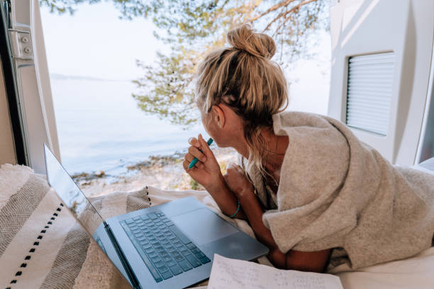 istock Woman working online from her Campervan 1392326903