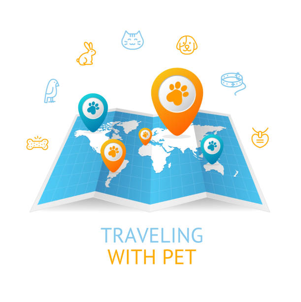 Traveling with Different Pet Concept. Vector Traveling with Different Pet Concept Opened World Map and Pins with Dog Footprint. Vector illustration dog pointing stock illustrations