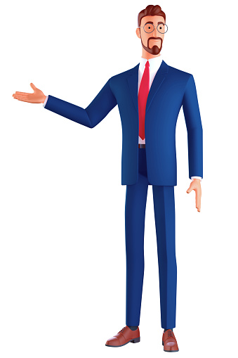 3d Cheerful businessman brunette man in glasses wearing a blue suit, showing empty copy space on open hand palm for text. Front view. Minimal stylized art style. 3d render on white background
