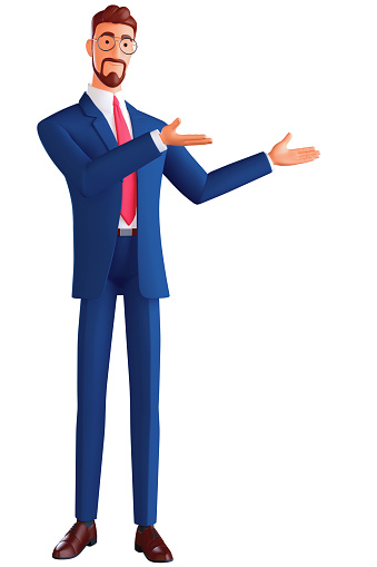 3d illustration of standing character smiling man showing hand at direction. Portrait of cartoon happy businessman with eyeglasses and blue suit, isolated on white background.