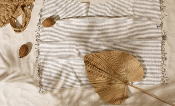 istock Striped linen beach towel with fringes and two coconuts on sandy beach with shadows from palm tree. Relaxation and tropical summer holidays concept 1392328829