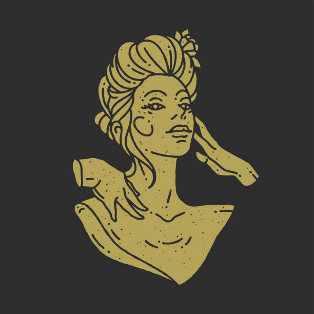 ilustraciones, imágenes clip art, dibujos animados e iconos de stock de obra de arte antigua busto femenino busto tocando tierna piel lisa dibujada a mano textura dorada grunge - statue human face women human skin