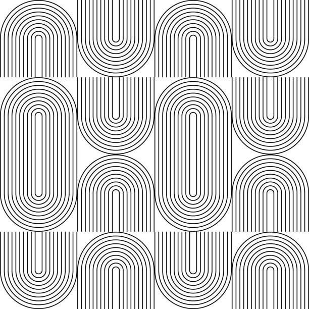 moderner vektor abstrakt nahtloses geometrisches muster mit halbkreisen und kreisen im retro-stil. schwarze u-formen auf weißem hintergrund. minimalistische schwarz-weiß-illustration im bauhaus-stil mit einfachen formen. - concentric stock-grafiken, -clipart, -cartoons und -symbole