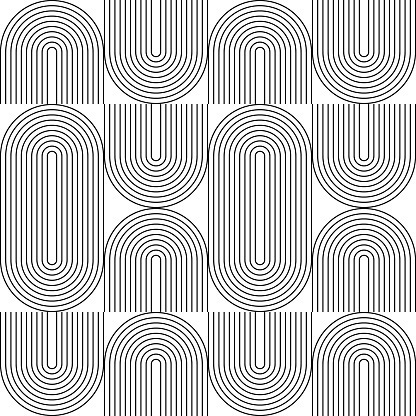 Modern vector abstract seamless geometric pattern with semicircles and circles in retro  style. Black u shapes on white background. Minimalist black and white illustration in Bauhaus style with simple shapes.