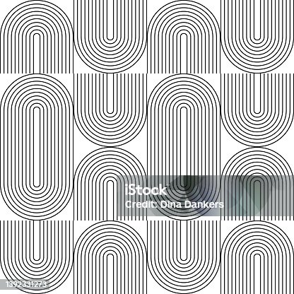 istock Modern vector abstract seamless geometric pattern with semicircles and circles in retro  style. Black u shapes on white background. Minimalist black and white illustration in Bauhaus style with simple shapes. 1392331273